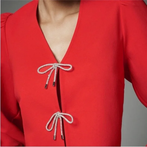 Dolan Red Blouse Dolan sparkle Bow-Front Cardigan Top eye and hook clasps size S